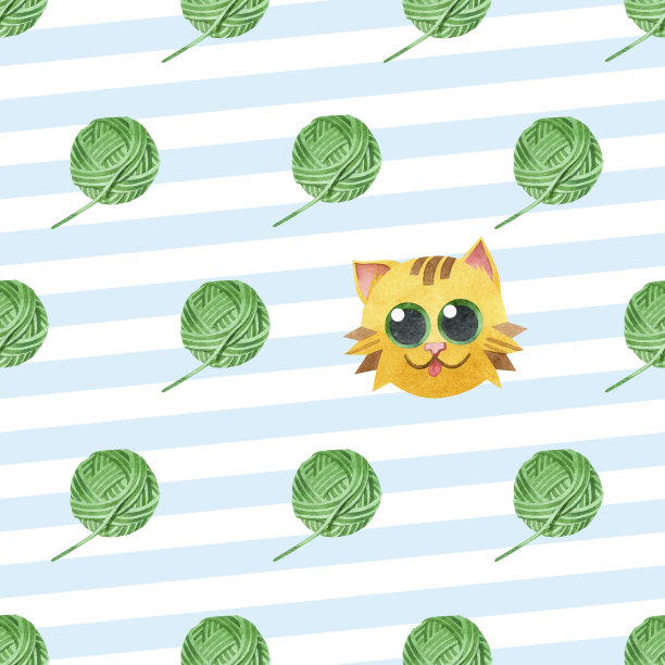 有姜猫和一团线的无缝图案。创造性的斯堪的纳维亚幼稚的纹理。水彩插图上条纹背景。用于织物，纺织品，网站，墙纸，包装。图片下载