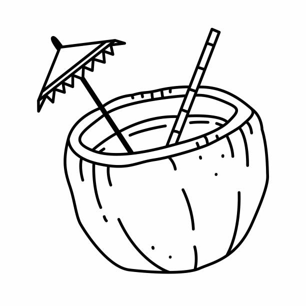 椰子与稻草在简单的黑白涂鸦风格孤立在白色背景。手绘涂鸦插图。图片下载