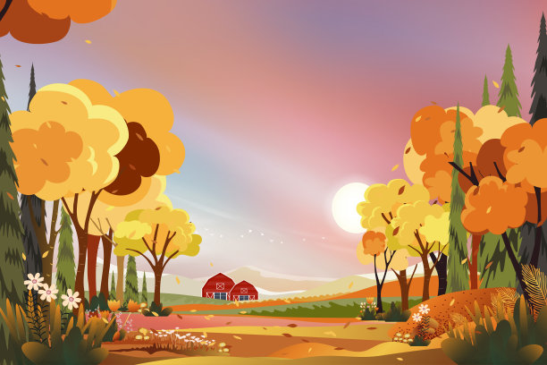 梦幻风景的乡村在秋天与粉红色的天空，全景的中秋与农田，山，野草和树叶落在黄色的树叶。秋天的美景素材图片
