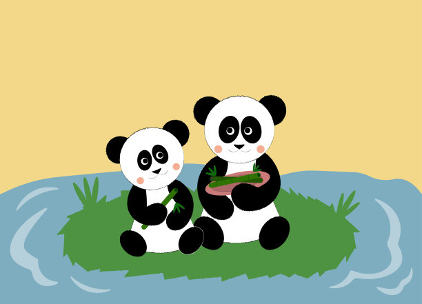 两只卡通熊猫坐着吃竹子图片下载
