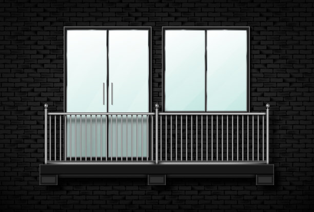 阳台与窗户和玻璃门在砖墙上现实的矢量插图。图片下载