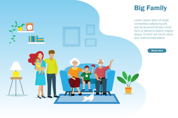 沙发里的大家庭。年轻夫妇带着孩子去看望祖父母。图片下载