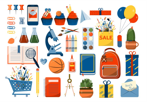 回到学校。大向量集。文具学校，大学和办公室。卡通学校用品。一组彩色图标。小学平面插图。明亮的裁剪剪影图片下载