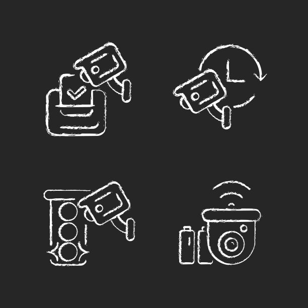 监控系统粉笔白色图标设置在黑暗的背景图片下载