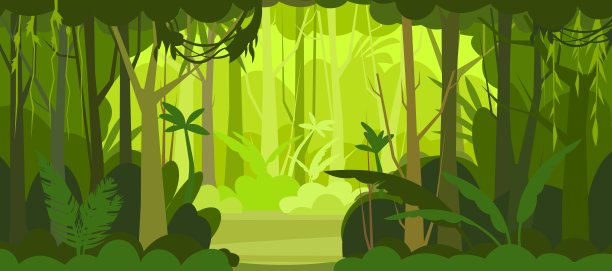 丛林插图。对空地的看法。茂密的热带野生植物，有高大的分枝树干。热带雨林景观。平面设计。卡通风格。向量图片下载