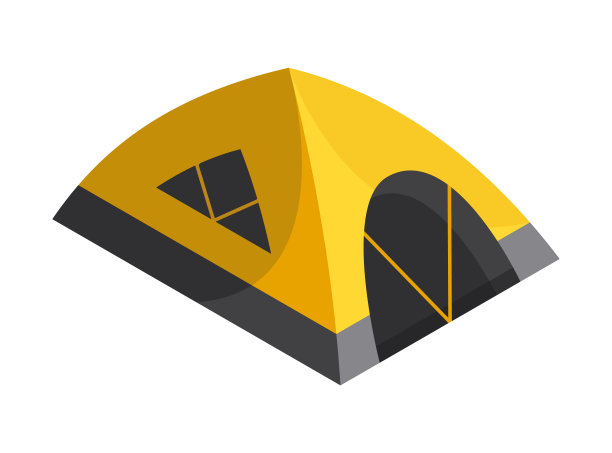 等距露营。徒步旅行的彩色标志。带有工具属性或营地设备元素的图标。旅游帐篷孤立矢量插图图片下载