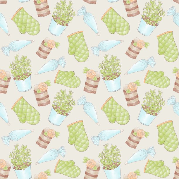 无缝厨房主题图案手绘元素，壶架，薄荷，蛋糕，糕点袋米色背景图片下载