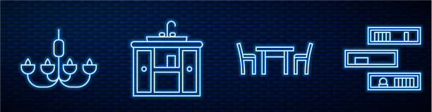 设置线条木桌与椅子枝形吊灯图片下载