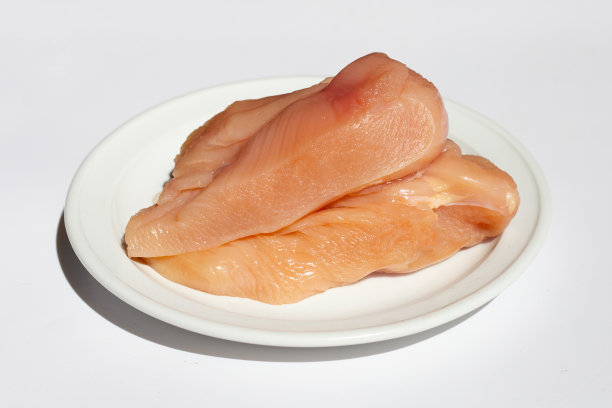 白底白盘上生鸡胸肉。图片下载