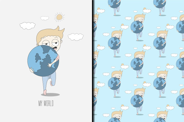 小男孩快乐地抱着世界球图片下载