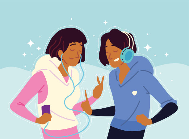 戴着耳机的年轻夫妇图片下载