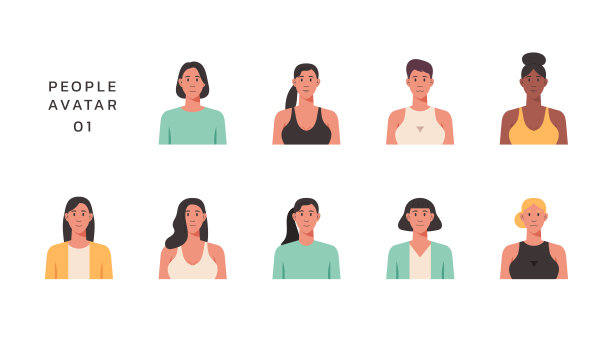 年轻女性的人物肖像孤立图标集图片下载