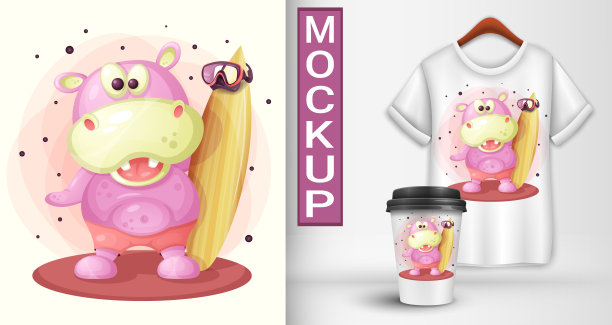 河马冲浪。卡通插图。图片下载