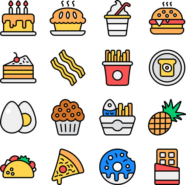 垃圾食品轮廓平面图标包图片下载