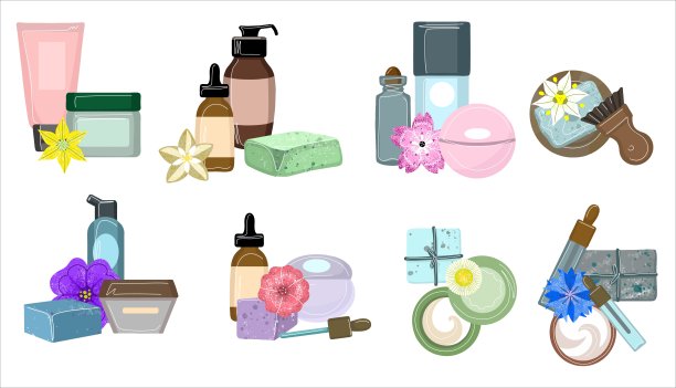 一套天然有机化妆品管，瓶子，罐子，泡沫，以时尚，简单，手绘风格的皮肤美容。一套皮肤护理程序图片下载