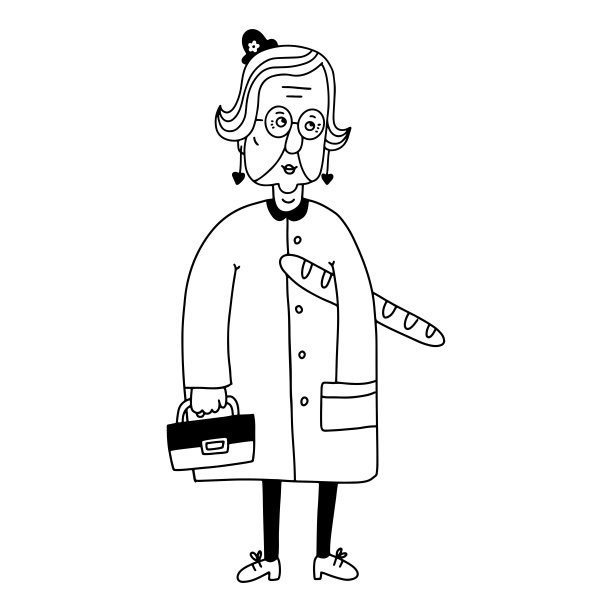 时髦的现代穿着老夫人小帽子，耳环和口红节日法棍面包。涂鸦黑色手绘矢量插图。图片下载