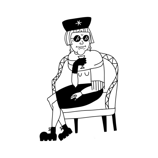 穿着豪华衣服的富婆孤立在白色背景上。坐在扶手椅上的漂亮女士。戴眼镜的老妇人偷了。可爱的性格。矢量插图涂鸦风格图片下载