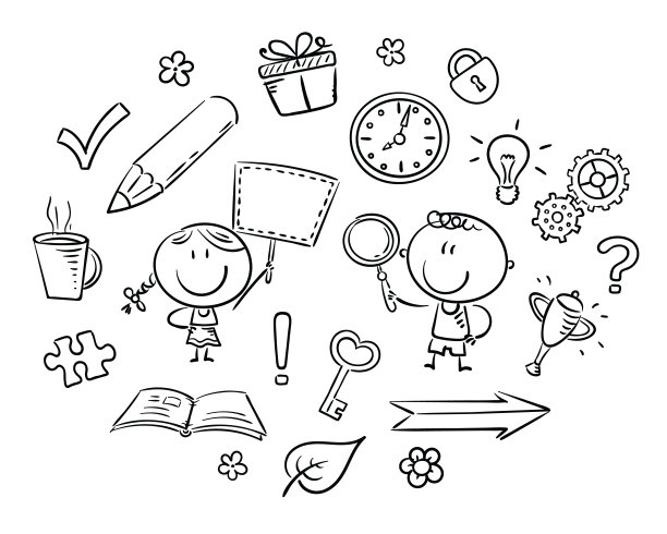 大纲剪纸艺术。拿着不同物品的卡通小孩图片下载