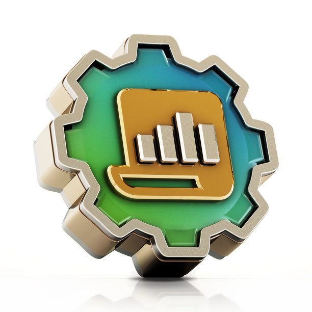 金色条形图符号齿轮形按钮孤立在白色背景上。三维演示图片下载