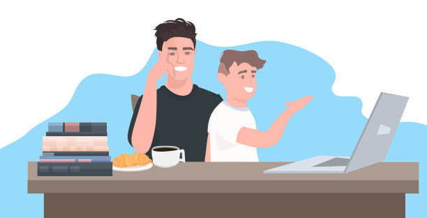 在冠状病毒隔离期间，父亲和儿子坐在工作场所使用笔记本电脑，共度时光图片下载