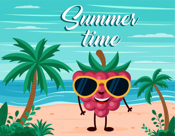 有趣的夏日海滩背景与覆盆子水果的特点。卡通风格。夏天的明信片图片下载