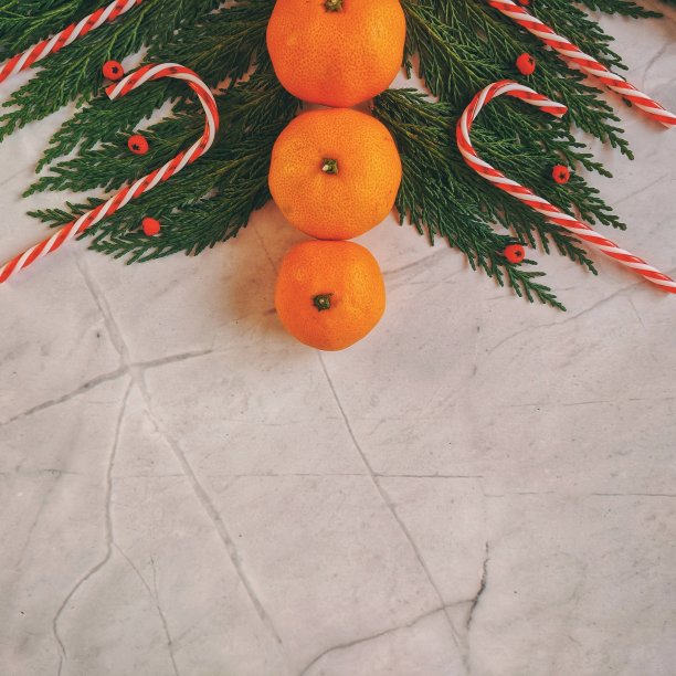 圣诞和新年背景与苏加枝，糖果，装饰品和橘子。平躺，俯视图。图片下载