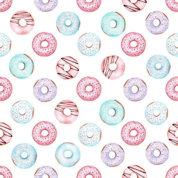 甜甜甜圈数字纸水彩剪贴画。无缝模式说明。图片下载