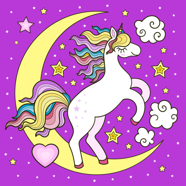 新月上长着彩虹鬃毛的白色独角兽图片下载