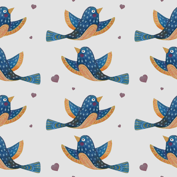 无缝模式。装饰蓝色飞行鸟与浅蓝色背景。水彩。插图设计，装饰，纺织品，壁纸，包装，儿童收藏图片下载
