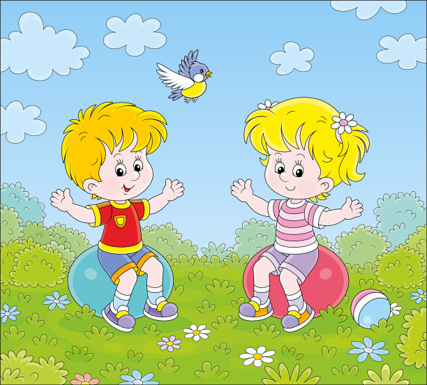 欢快的孩子们在健身球上训练图片下载