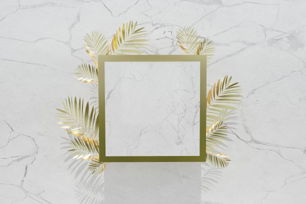白色大理石概念场景与金色的叶子和广场促销，横幅，介绍，化妆品。与复制空间图片下载