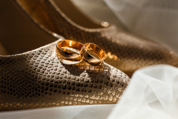 婚礼金戒指在新娘闪亮的鞋子上，在一个明亮的背景上。新娘时尚昂贵的配饰，细节图片下载