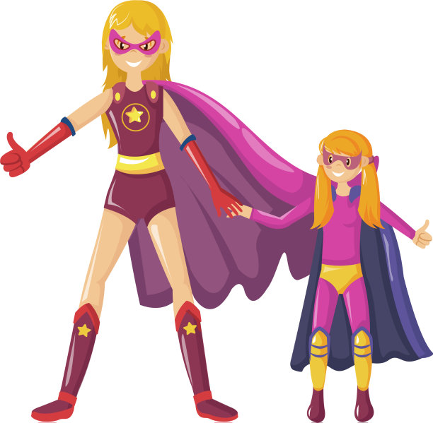 超级英雄的妈妈牵着女儿的手图片下载