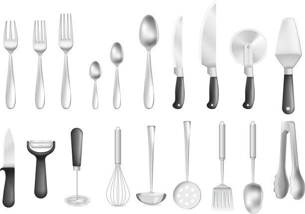 逼真的不锈钢厨房用具图片下载