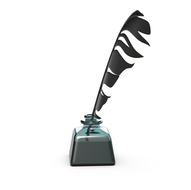 羽毛笔的3D插图在玻璃墨水瓶上孤立的白色图片下载