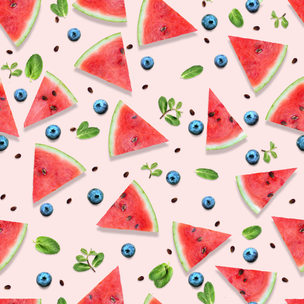 西瓜片与新鲜薄荷叶和蓝莓无缝图案图片下载
