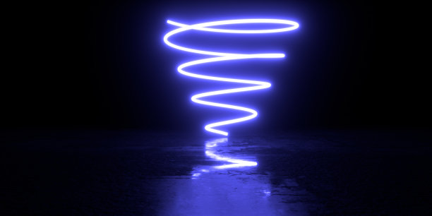 一个未来主义的发光螺旋与反射在潮湿的沥青。三维渲染图片下载