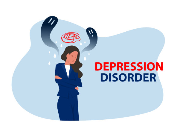 抑郁女孩以焦虑和恐怖幻想感受悲伤、恐惧、悲伤向量插画图片下载