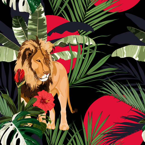 热带树，棕榈树植物，狮子动物图片下载