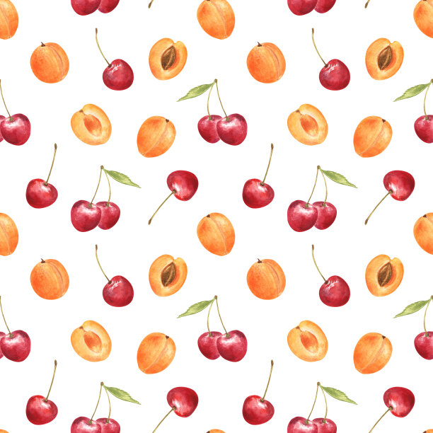 杏子和樱桃用水彩手绘;无缝模式上的白色孤立背景。图片下载