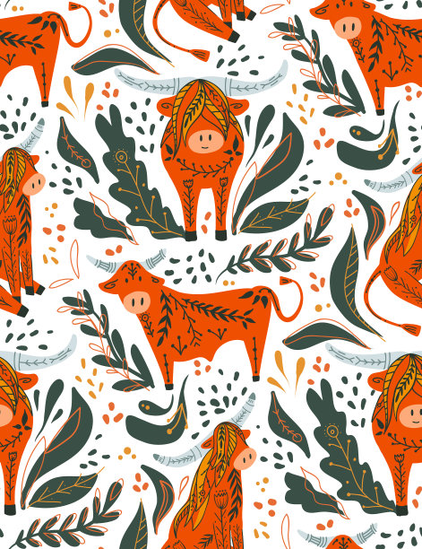 无缝图案与可爱的卡通公牛和图片下载