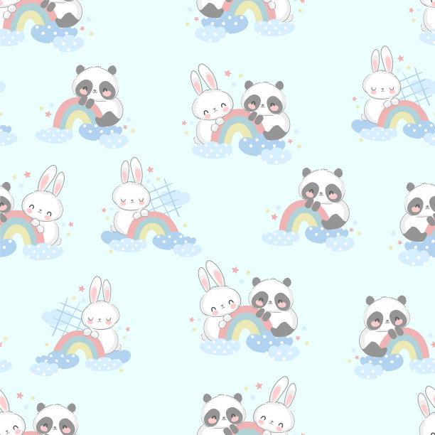 手绘可爱的熊猫小熊与彩虹无缝衔接图片下载