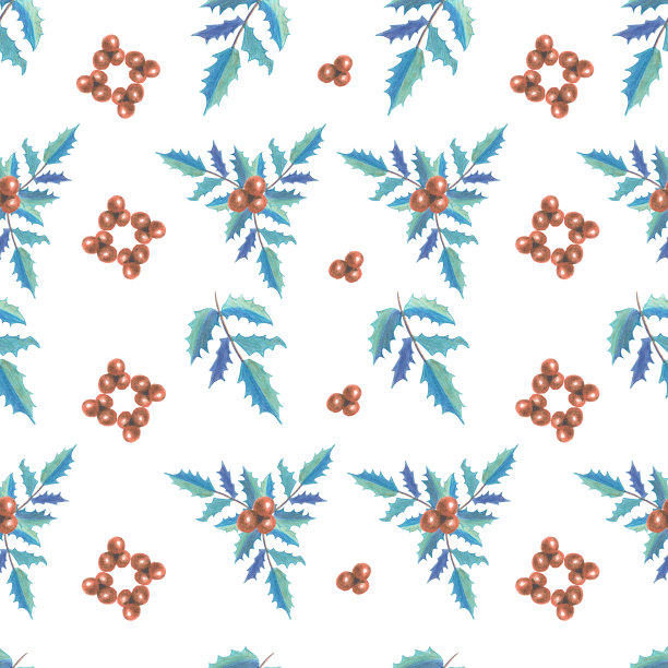 无缝模式与冬青的枝，叶和浆果在白色的背景裁剪。用彩色铅笔的技术制成。手绘。图片下载