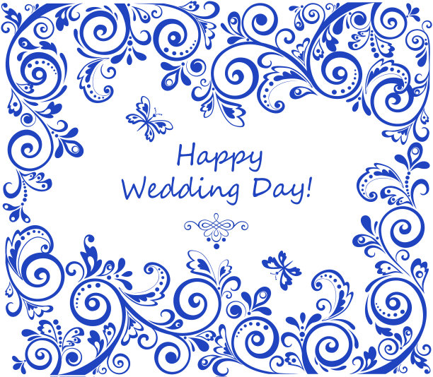 婚礼复古邀请与蓝色花卉图片下载