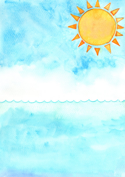 太阳与海浪水彩手绘背景装饰在暑假活动。图片下载