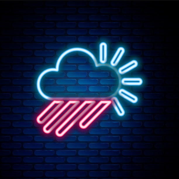 发光的霓虹灯线多云与雨和太阳图标图片下载
