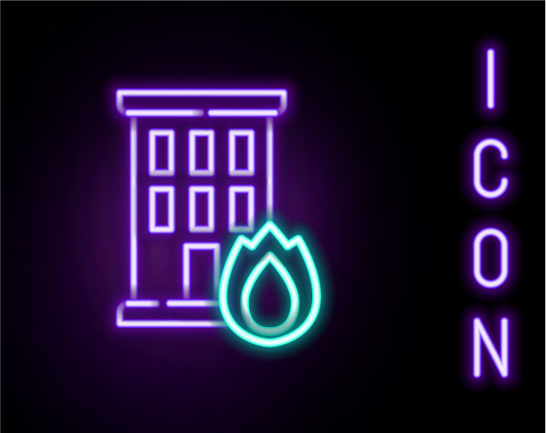 发光的霓虹灯线火在燃烧的房子图标图片下载