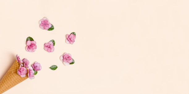 华夫蛋筒，粉红色小花和绿色叶子，简约的夏季概念图片下载