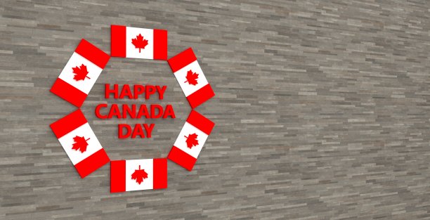 3D加拿大国旗旋转安排围绕快乐加拿大日的文本在抽象背景的设计内容。3 d渲染。图片下载