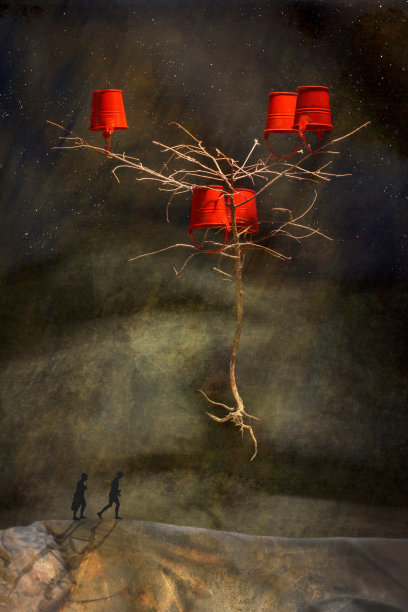 一棵挂着红色水桶的树，一个男人和一个女人在路上走图片下载